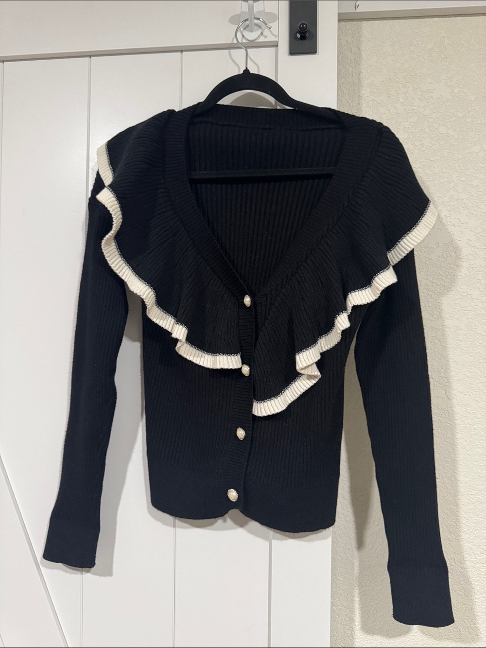 Kim Studios Black Ribbed Ruffle Cardigan Sweater White Trim Women’s Small